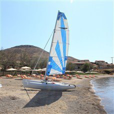 sailboats on the beach overlooking the sea in lemnos